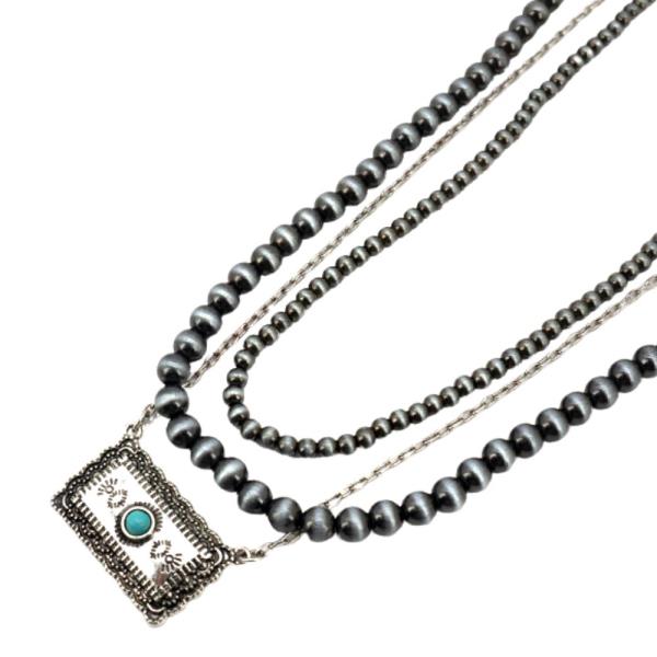 TURQUOISE BEAD PENDANT BALL BEAD LAYERED NECKLACE