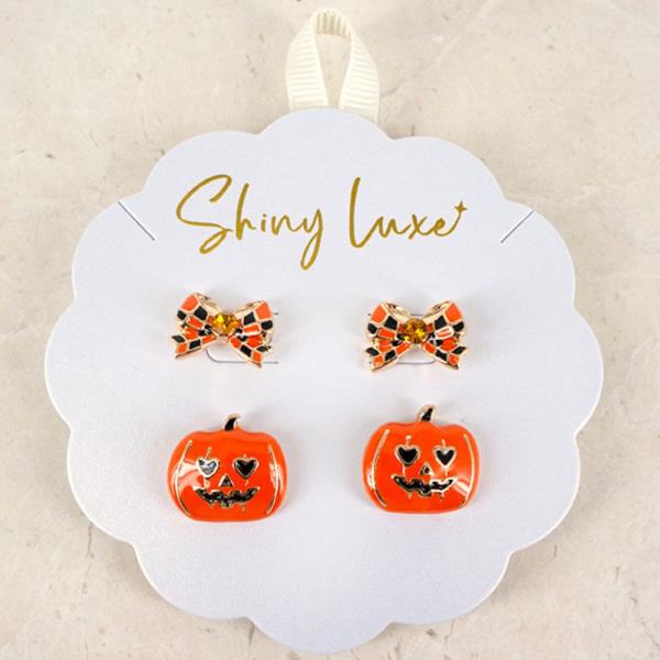HALLOWEEN PUMPKIN & CHECKERED BOW TIE POST EARRING SET