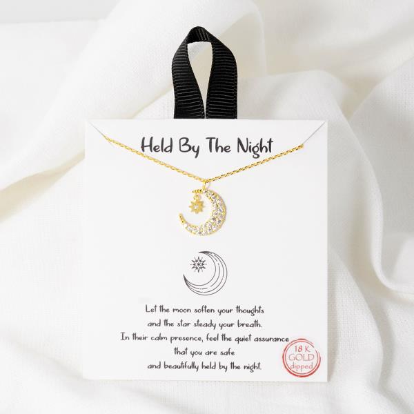 18K GOLD RHODIUM HELD BY THE NIGHT CZ MOON PENDANT NECKLACE