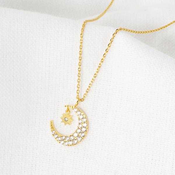 18K GOLD RHODIUM HELD BY THE NIGHT CZ MOON PENDANT NECKLACE