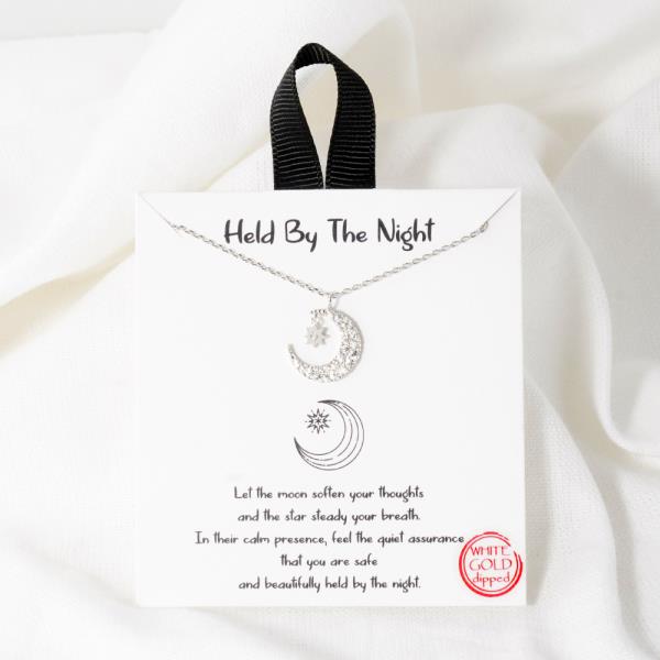 18K GOLD RHODIUM HELD BY THE NIGHT CZ MOON PENDANT NECKLACE