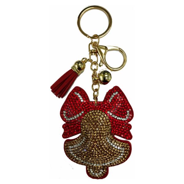 RHINESTONE CHRISTMAS RIBBON BELL KEYCHAIN WITH TASSEL