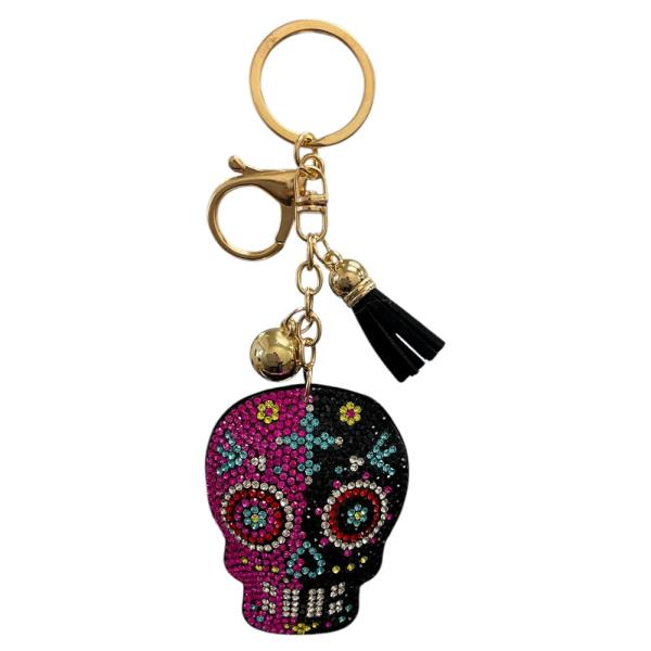 RHINESTONE SKULL TASSEL BALL KEYCHAIN WITH TASSEL