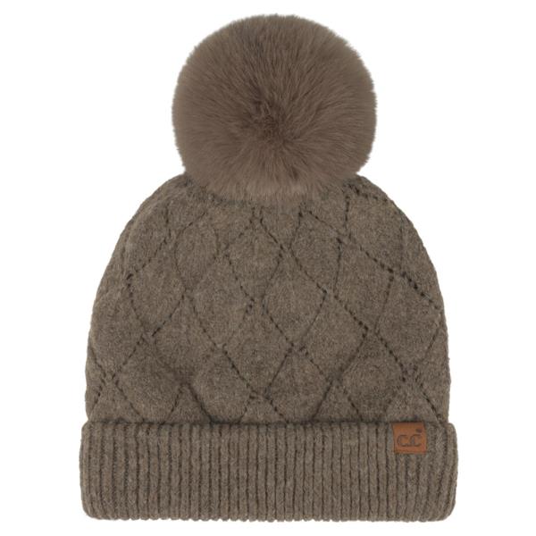 CC LEAF PATTERN FAUX FUR POM BEANIE