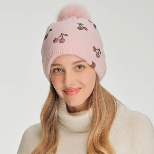 CC CHERRY RHINESTONE POM BEANIE