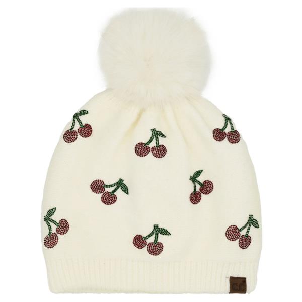 CC CHERRY RHINESTONE POM BEANIE