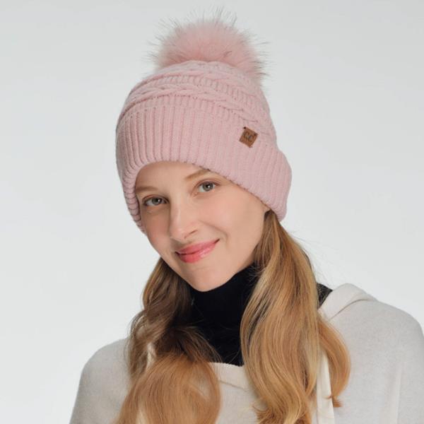CC BRAIDED PATTERN FAUX FUR POM BEANIE