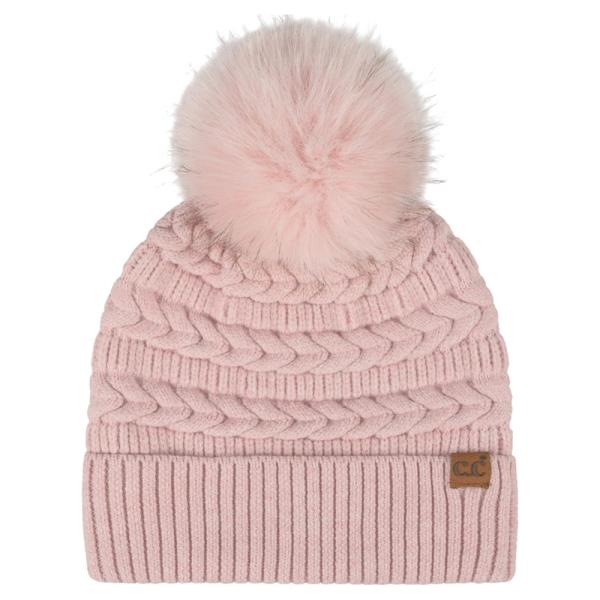 CC BRAIDED PATTERN FAUX FUR POM BEANIE