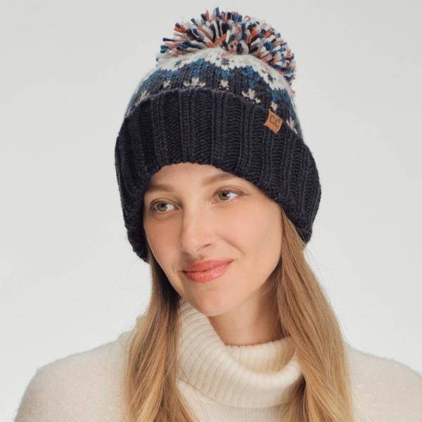 CC GEOMETRIC PATTERN KNIT BEANIE WITH MULTI COLOR YARN POM POM