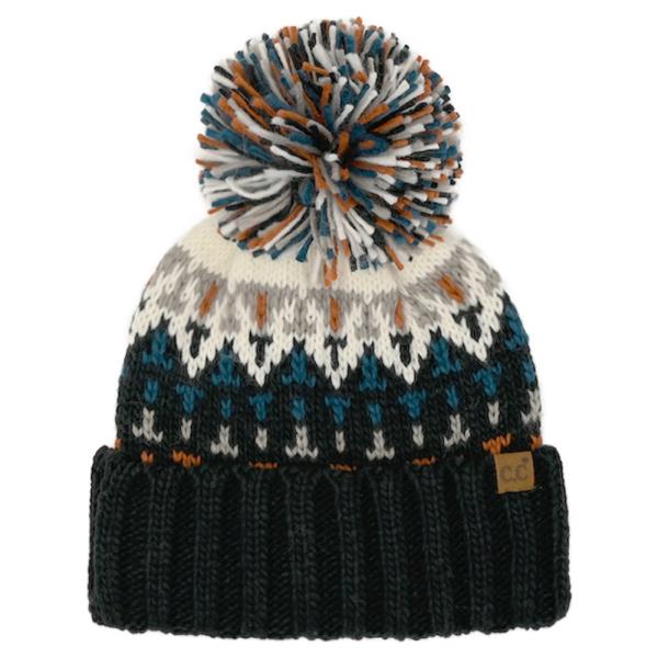 CC GEOMETRIC PATTERN KNIT BEANIE WITH MULTI COLOR YARN POM POM