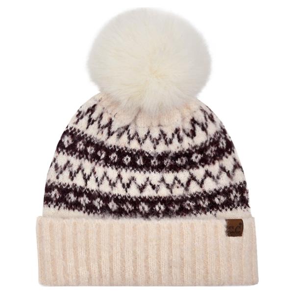 CC FAIR ISLE BEANIE WITH FAUX FUR POM