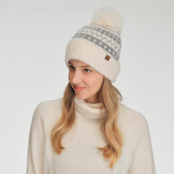 CC FAIR ISLE BEANIE WITH FAUX FUR POM