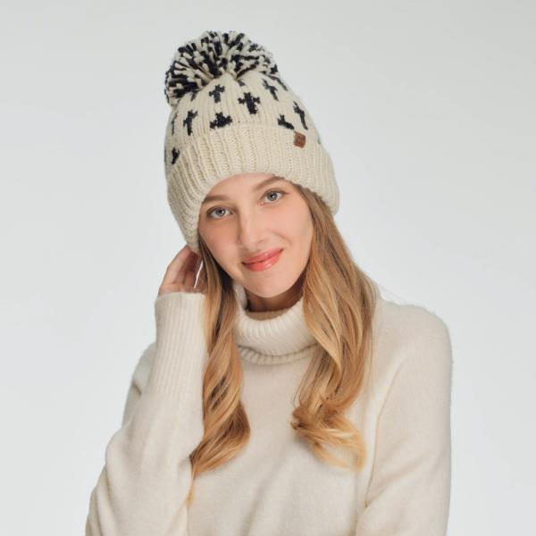 CC ALL OVER CROSS PATTERN YARN POM BEANIE