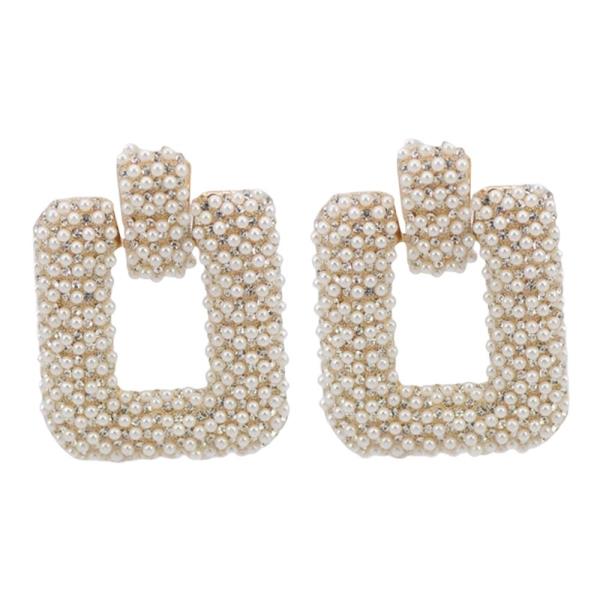RECTANGLE BEADED FAUX PEARL STUD EARRINGS