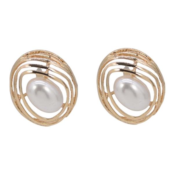 TEXTURED METAL OVAL FAUX PEARL STUD EARRINGS