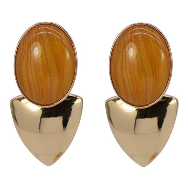 TEXTURED METAL OVAL STONE STUD EARRINGS