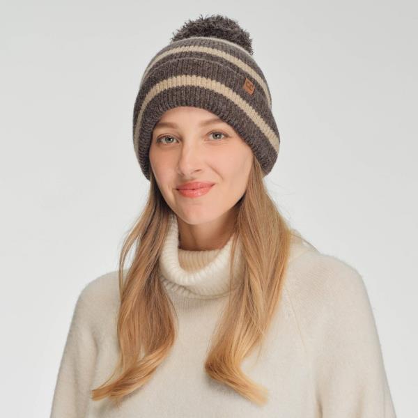 CC STRIPE YARN POM BEANIE