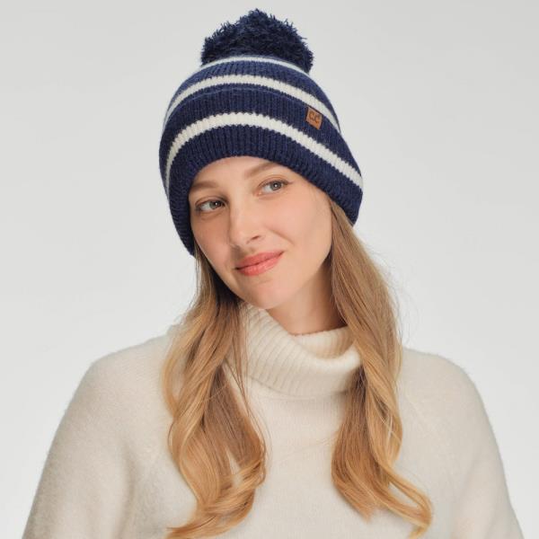 CC STRIPE YARN POM BEANIE