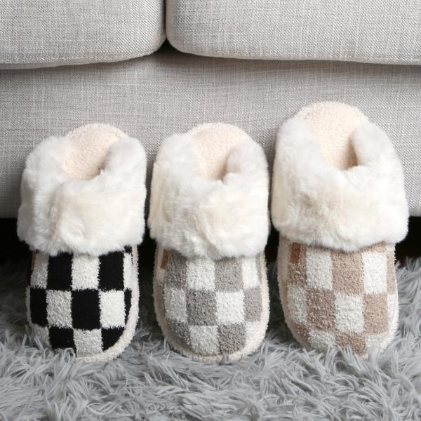 CHECKER FAUX FUR CUFF MULE SLIPPERS - SM SIZE