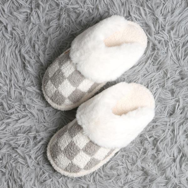 CHECKER FAUX FUR CUFF MULE SLIPPERS - SM SIZE