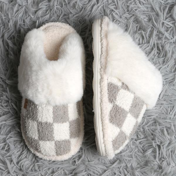 CHECKER FAUX FUR CUFF MULE SLIPPERS - SM SIZE