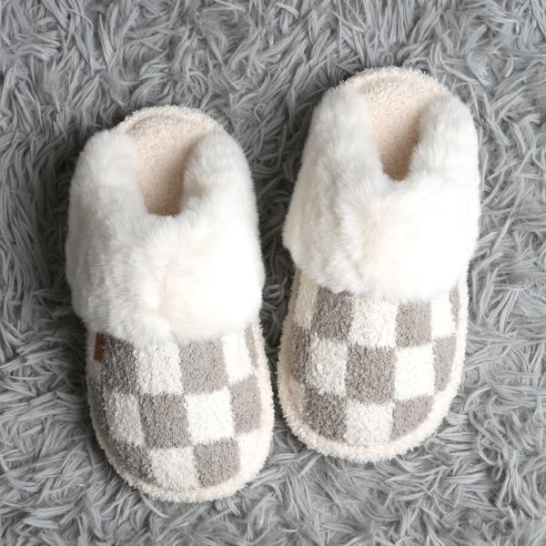 CHECKER FAUX FUR CUFF MULE SLIPPERS - SM SIZE