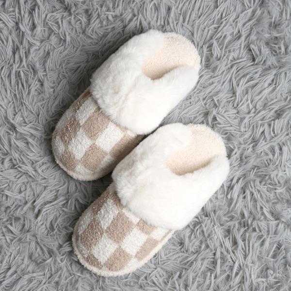 CHECKER FAUX FUR CUFF MULE SLIPPERS - ML SIZE