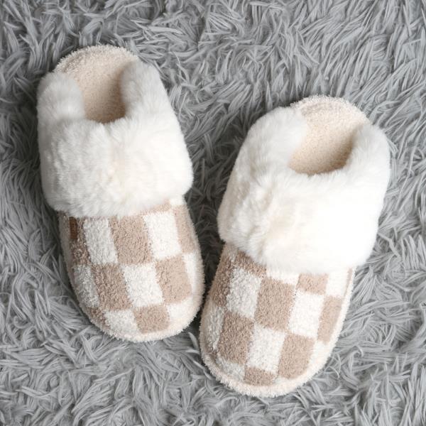 CHECKER FAUX FUR CUFF MULE SLIPPERS - ML SIZE