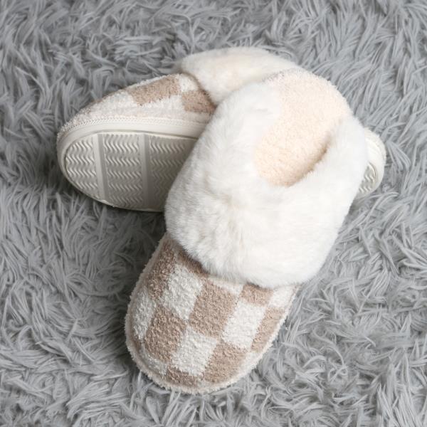 CHECKER FAUX FUR CUFF MULE SLIPPERS - ML SIZE