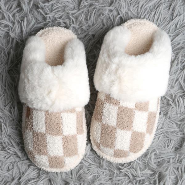 CHECKER FAUX FUR CUFF MULE SLIPPERS - ML SIZE