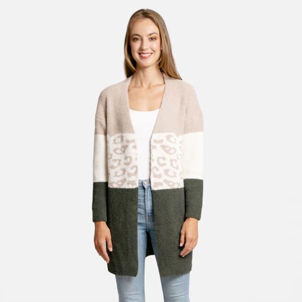 COLOR BLOCK LEOPARD PRINT CARDIGAN