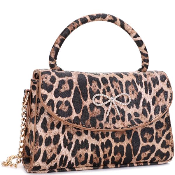 ANIMAL PRINT RHINESTONE BOW HANDLE CROSSBODY BAG