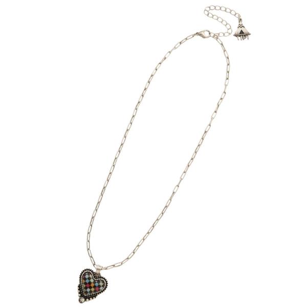 CHECKERED PATTERN HEART PENDANT NECKLACE