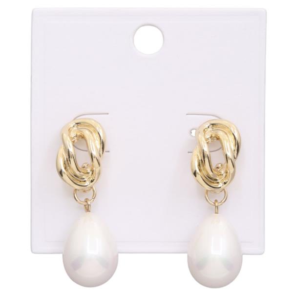 BENT OVAL METAL PEARL BEAD DANGLE EARRING