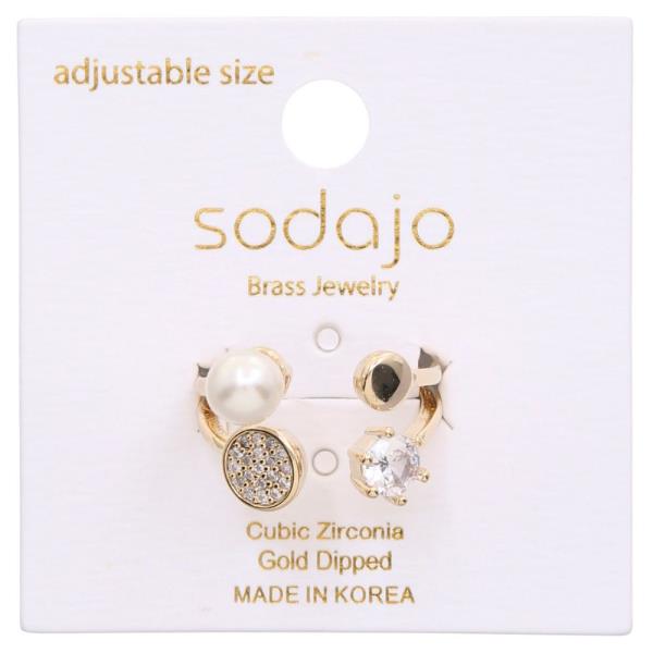SODAJO PEARL BEAD CZ ADJUSTABLE GOLD DIPPED RING