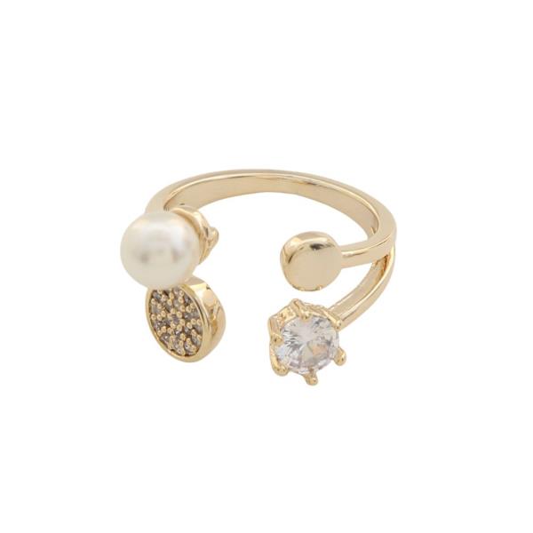 SODAJO PEARL BEAD CZ ADJUSTABLE GOLD DIPPED RING