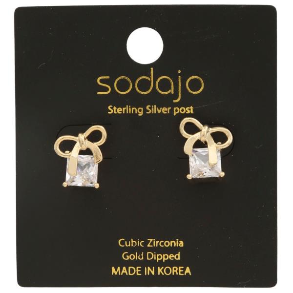 SODAJO DAINTY RIBBON BOW CUBE CZ GOLD DIPPED EARRING