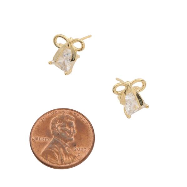 SODAJO DAINTY RIBBON BOW CUBE CZ GOLD DIPPED EARRING