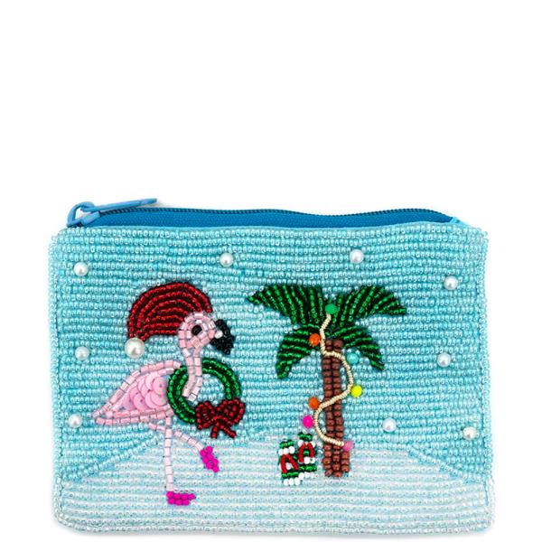 CHRISTMAS SEED BEAD FLAMINGO PALM TREE ZIPPER COIN PURSE BAG
