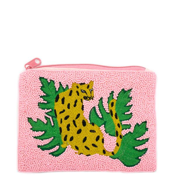 SEED BEADED LEOPARD LEAF ZIPPER COIN PURSE BAG