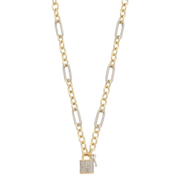14K PLATED LOCK KEY CHARM TWO TONE NECKLACE