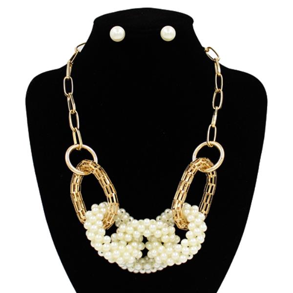 PEARL BEAD OVAL LINK METAL NECKLACE
