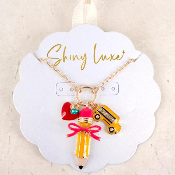 PENCIL SCHOOL BUS HEART SHAPED APPLE CHARM NECKLACE