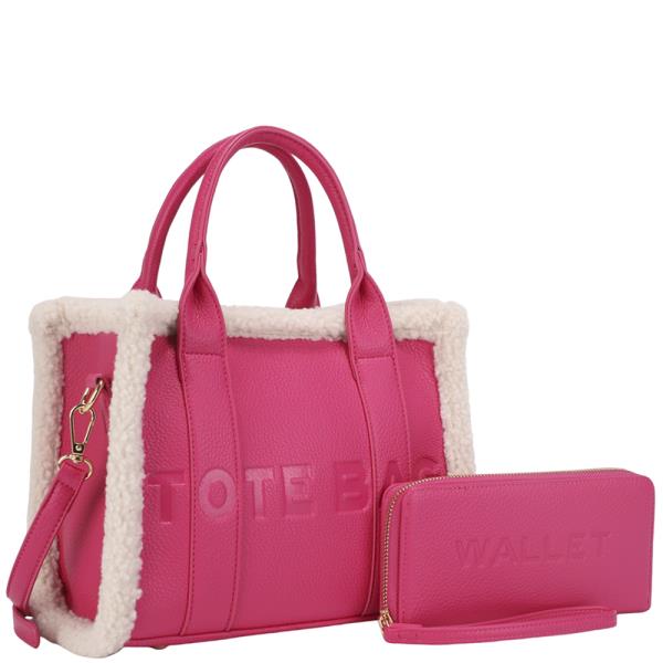 2IN1 FUR DESIGN TEXTURE TOTE BAG W WALLET SET
