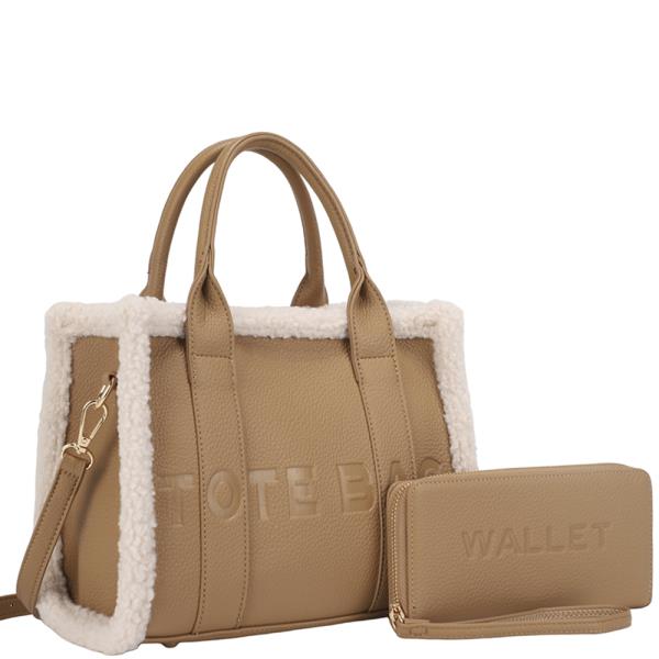 2IN1 FUR DESIGN TEXTURE TOTE BAG W WALLET SET