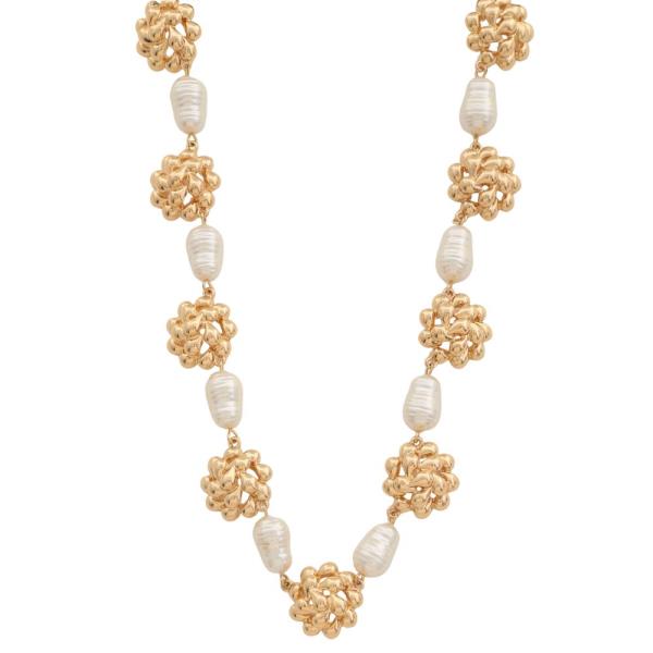 FLOWER METAL PEARL BEAD STATION NECKLACE