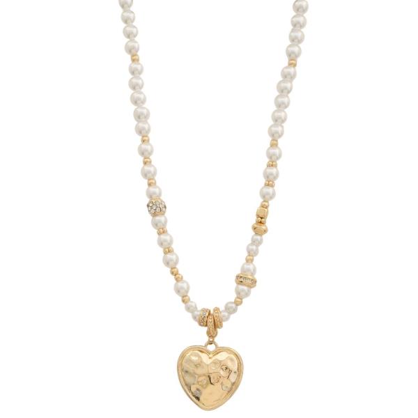 HAMMERED METAL HEART PENDANT PEARL BEAD NECKLACE