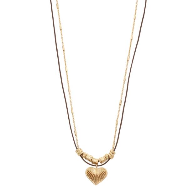 PUFFY LINED HEART PENDANT LAYERED NECKLACE