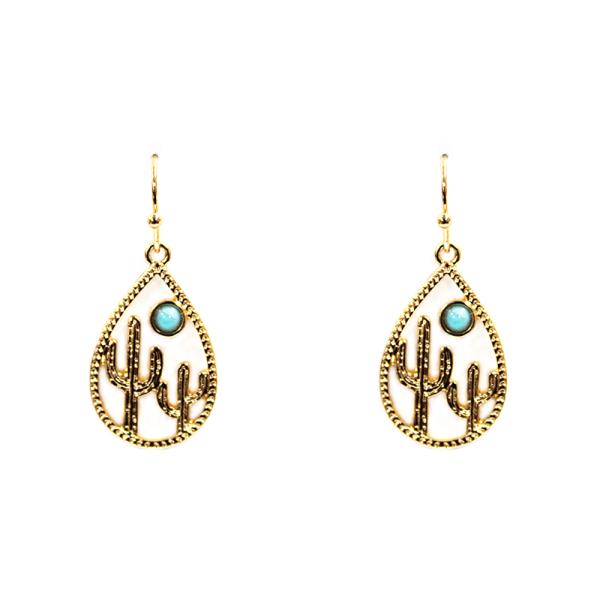 WESTERN CACTUS TURQUOISE TEARDROP DANGLE EARRING