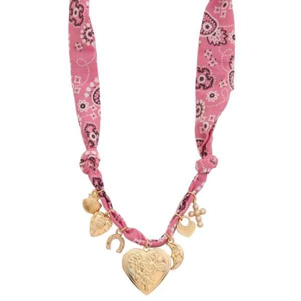 HEART LOCKET MULTI CHARM FABRIC NECKLACE